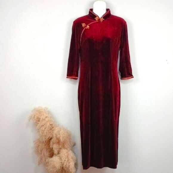 Elegant Velvet Burgundy 3/4 Sleeve Side Slits Cheongsam Dress sz L Whimsigoth - Picture 3 of 13